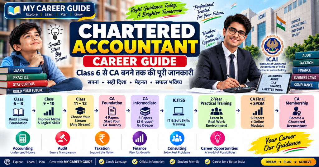 Chartered Accountant Career Guide showing CA roadmap from Class 6 to Foundation, Intermediate, practical training, Final and career in India
