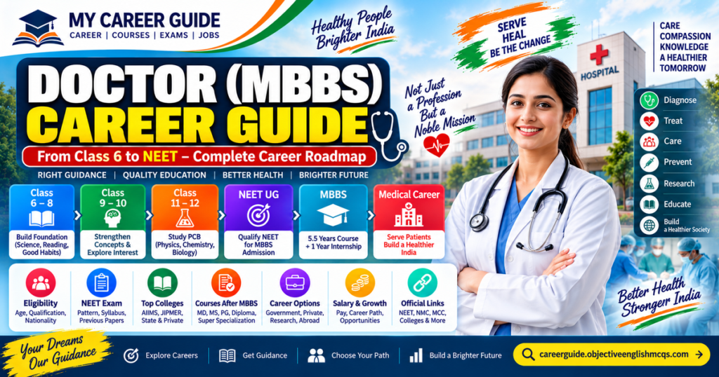 Doctor MBBS Career Guide covering NEET eligibility, MBBS admission, medical colleges, internship, salary and career path in India