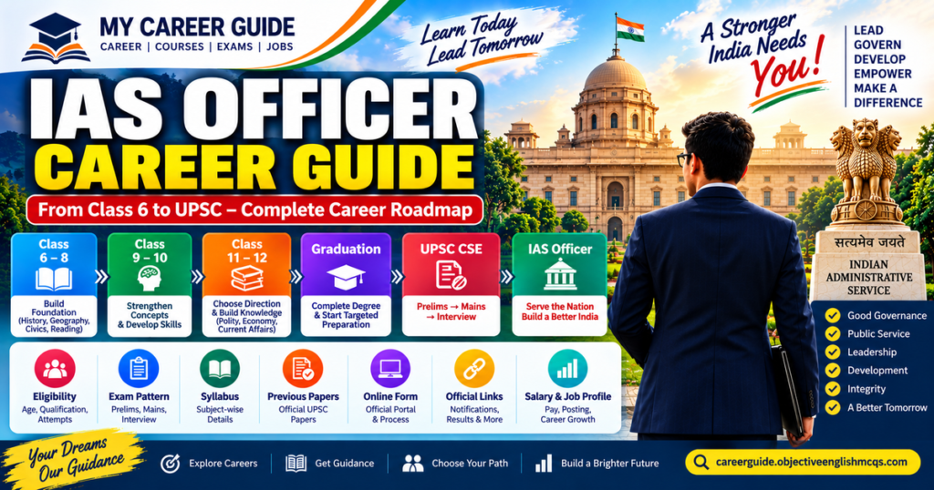 IAS Officer Career Guide covering UPSC eligibility, exam, salary, job profile and career path in India