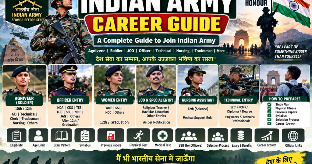Indian Army Career Guide showing Agniveer, Soldier, JCO, Officer, Technical, Nursing and Army career paths in India