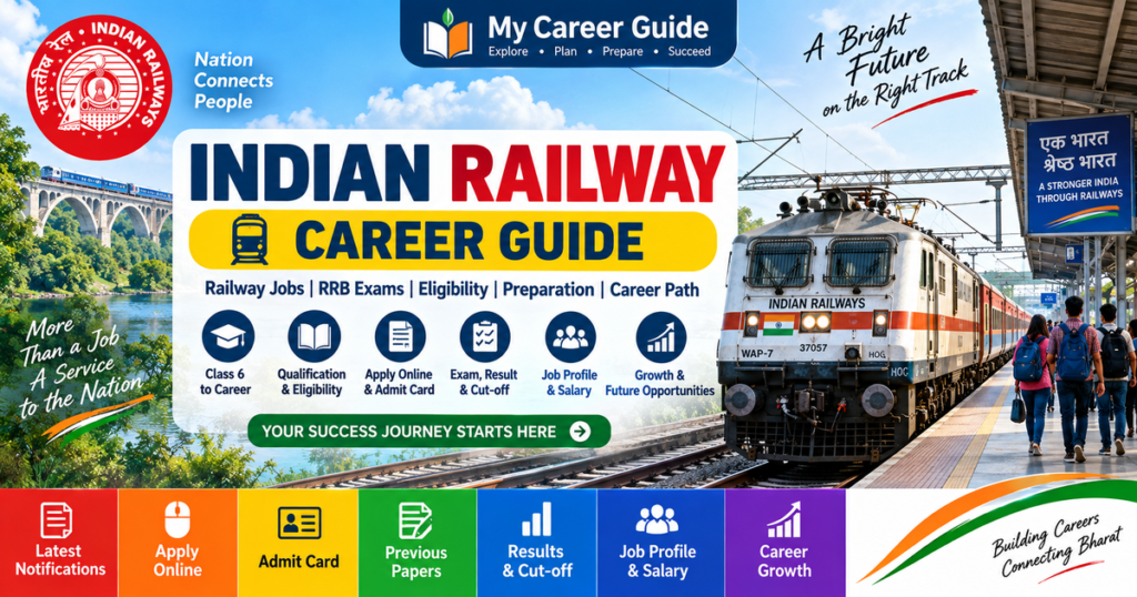 Indian Railway Career Guide showing Railway jobs, RRB exams, ALP, Technician, NTPC, JE, RPF and career paths