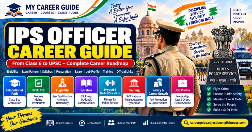 IPS Officer Career Guide covering UPSC eligibility, exam, salary, training, job profile and career path in India