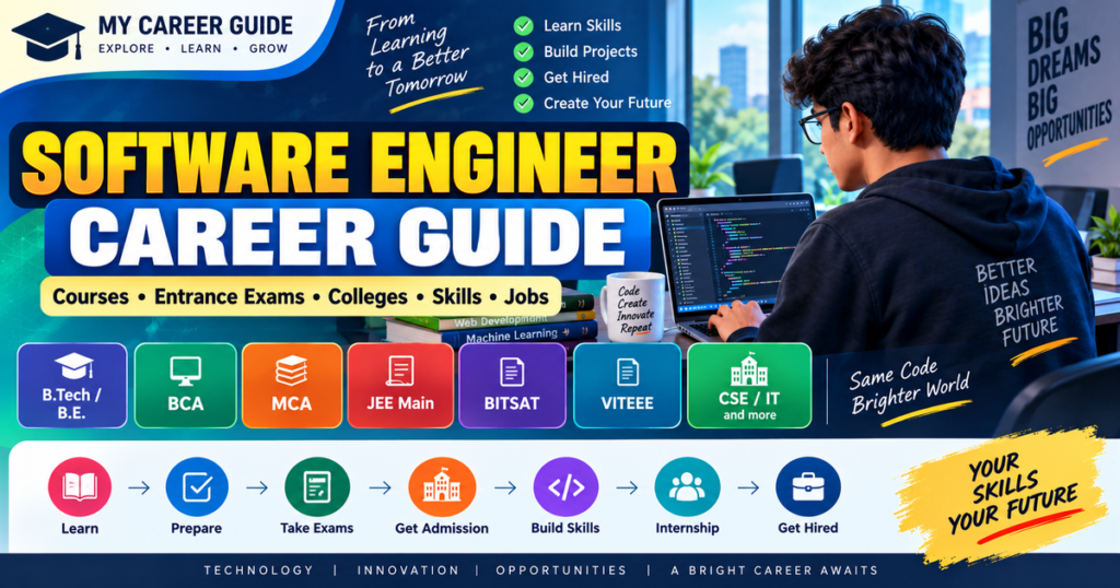 Software Engineer Career Guide covering courses, entrance exams, colleges, skills and jobs in India
