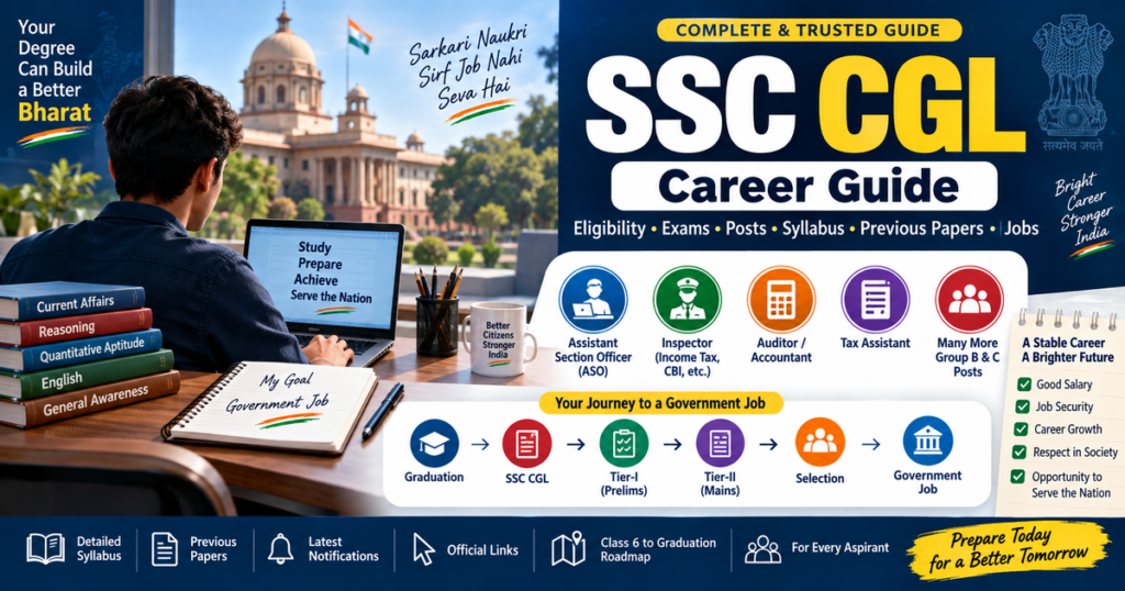 SSC CGL Government Career Guide showing eligibility, government posts, Tier 1, Tier 2, syllabus and career roadmap
